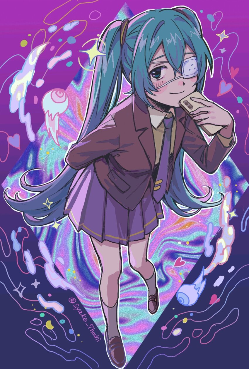 1girl, aqua_hair, arm_behind_back, artist_name, brown_jacket, cellphone, commentary, eyepatch