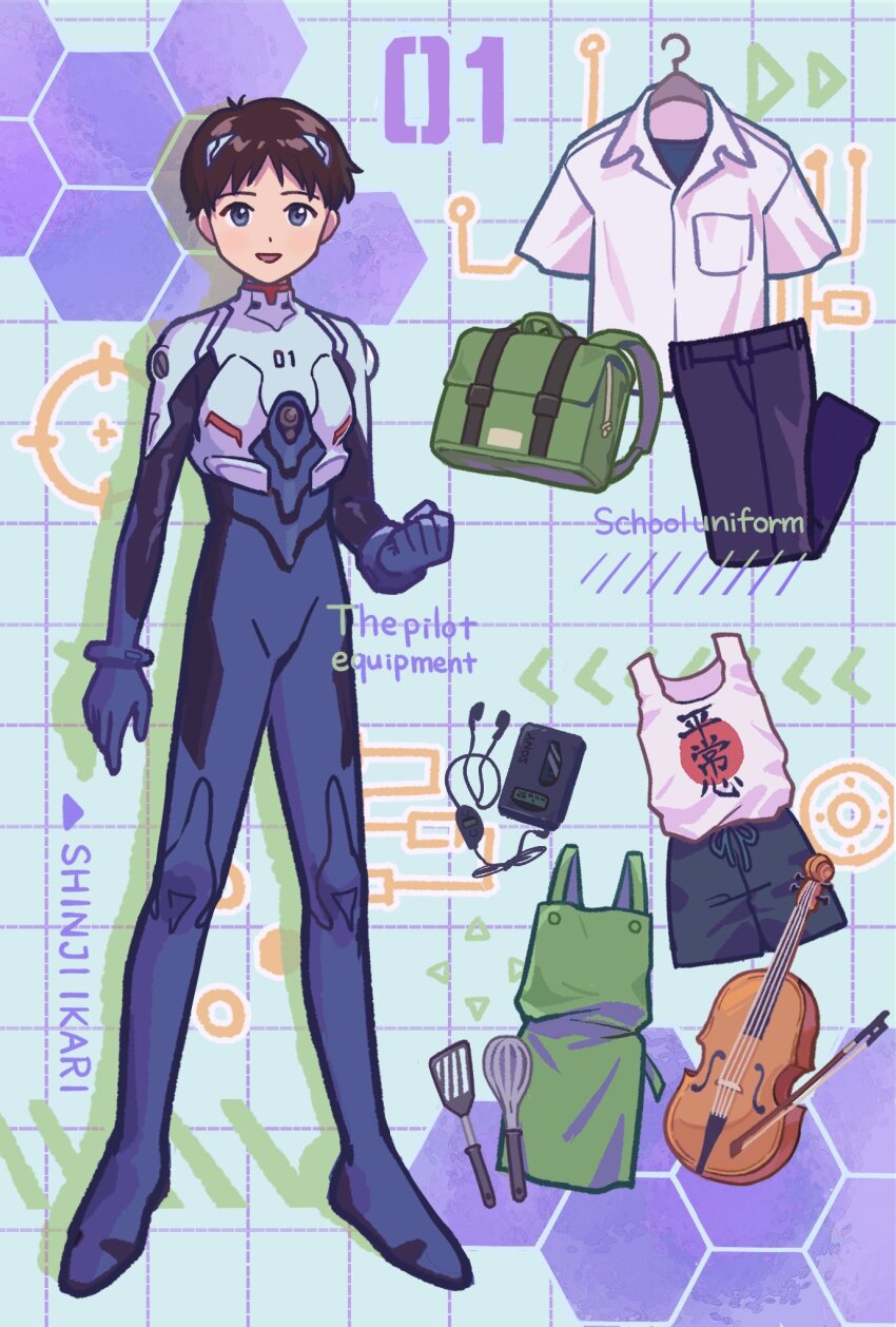 1boy, apron, bag, black_pants, black_shorts, blue_bodysuit, bodysuit, bow_(music)