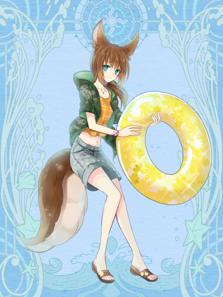 1girl, animal_ears, aqua_eyes, blue_background, brown_hair, camisole, dairoku_ryouhei, full_body, green_jacket, grey_shorts, highres, holding, holding_swim_ring, hood, hood_down, hooded_jacket, innertube, jacket, jewelry, long_hair, midriff, navel, necklace, ojiro_chitose, sandals, shell_(tw), short_sleeves, shorts, smile, swim_ring, tail