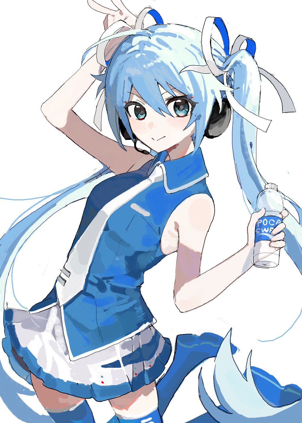 1girl, alternate_color, aqua_eyes, bare_arms, blue_boots, blue_hair, blue_shirt, blue_trim
