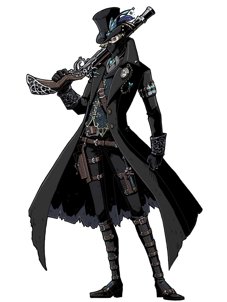 1boy, belt, black_boots, black_coat, black_gloves, black_hat, boots, clenched_hand