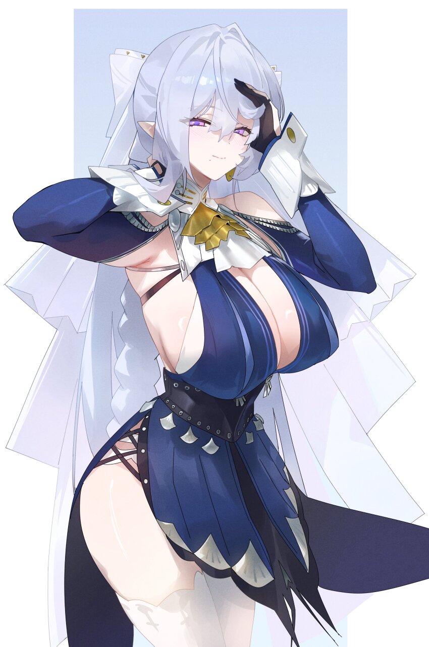 1girl, absurdres, armpits, arms_up, ascot, blue_dress, braid, breasts