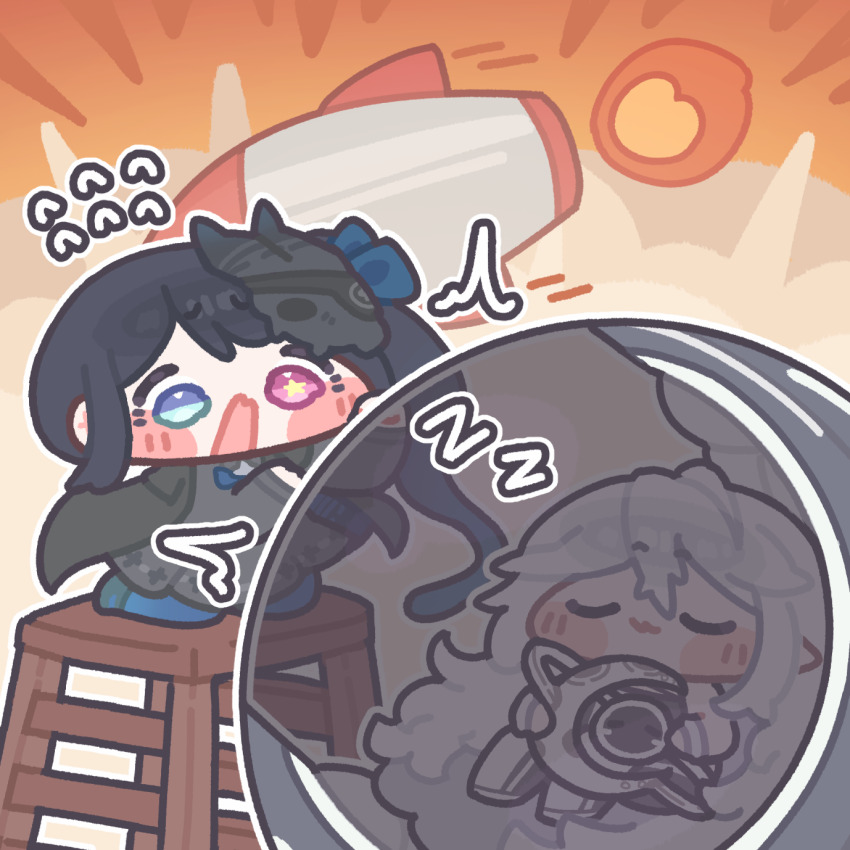 2girls, :3, black_dress, black_hair, blush_stickers, chibi, chibi_only, closed_eyes