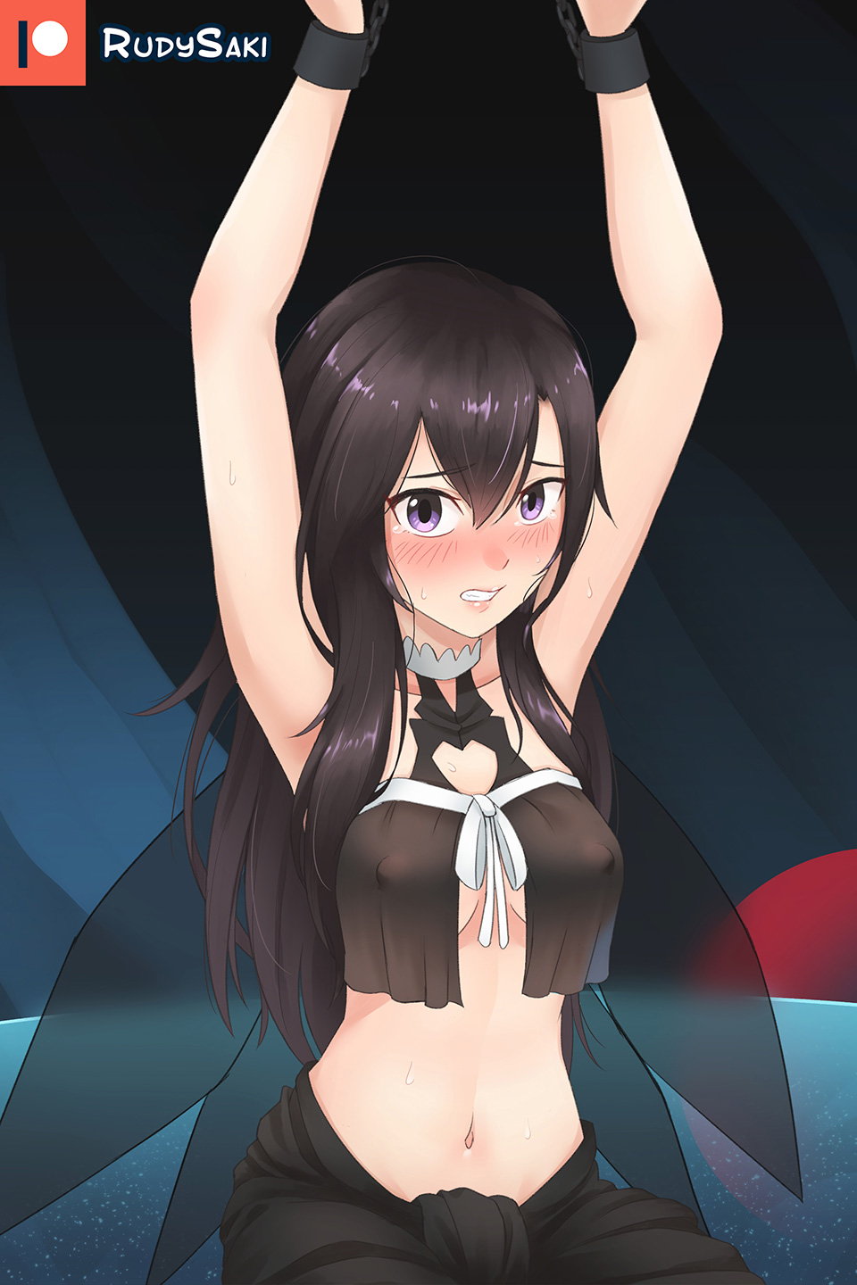 1girl, armpits, arms_up, asuna_(sao), bare_arms, black_background, black_hair, black_shirt