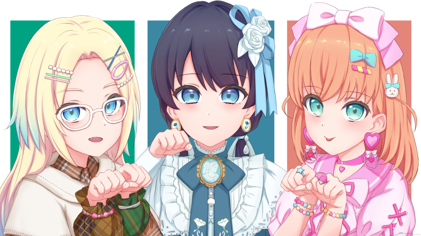 3girls, absurdres, aqua_eyes, bead_bracelet, beads, black_hair, blue_background, blue_dress, blue_eyes, blue_hair, blue_ribbon, blush, border, bow, bow_hairband, bracelet, brown_shirt, choker, collared_shirt, colorfulness_(love_live!), commentary, cross-laced_clothes, cross-laced_sleeves, dress, earrings, flower, frilled_sleeves, frills, gradient_hair, green_background, hair_bow, hair_flower, hair_ornament, hair_ribbon, hairband, happy_shijo_shugi!, hasu_no_sanrenka, heart, heart_earrings, heart_ring, highres, hinoshita_kaho, hood, hood_down, hoodie, index_ring, jewelry, kannogi, link!_like!_love_live!, long_hair, long_sleeves, love_live!, low_twintails, medium_hair, middle_ring, multicolored_hair, multiple_bracelets, multiple_girls, murano_sayaka, neck_ribbon, open_mouth, orange_hair, osawa_rurino, paw_pose, pink_choker, pink_dress, plaid_clothes, plaid_shirt, pleasure_feather_(love_live!), puffy_long_sleeves, puffy_short_sleeves, puffy_sleeves, rabbit_hair_ornament, red_background, ribbon, shirt, short_sleeves, single_paw_pose, smile, star_ring, strawberry_ring, twintails, untranslatable_commentary, upper_body, virtual_youtuber, white_border, white_flower, white_hoodie