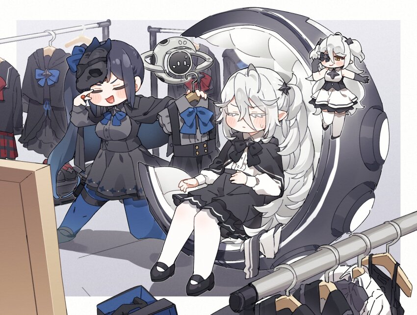 3girls, ahoge, alternate_costume, black_cape, black_capelet, black_gloves, black_hair, black_ribbon