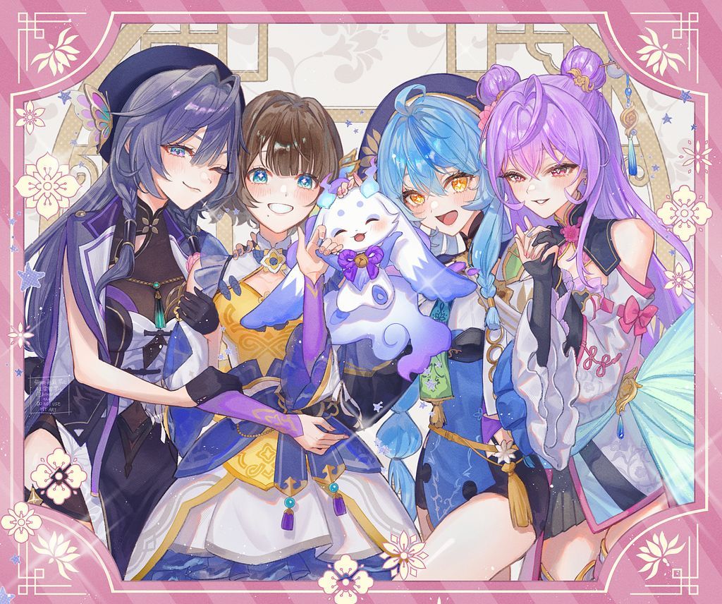 +_+, 1other, 4girls, :d, ^_^, above-cleavage_cutout, ahoge, aqua_hair