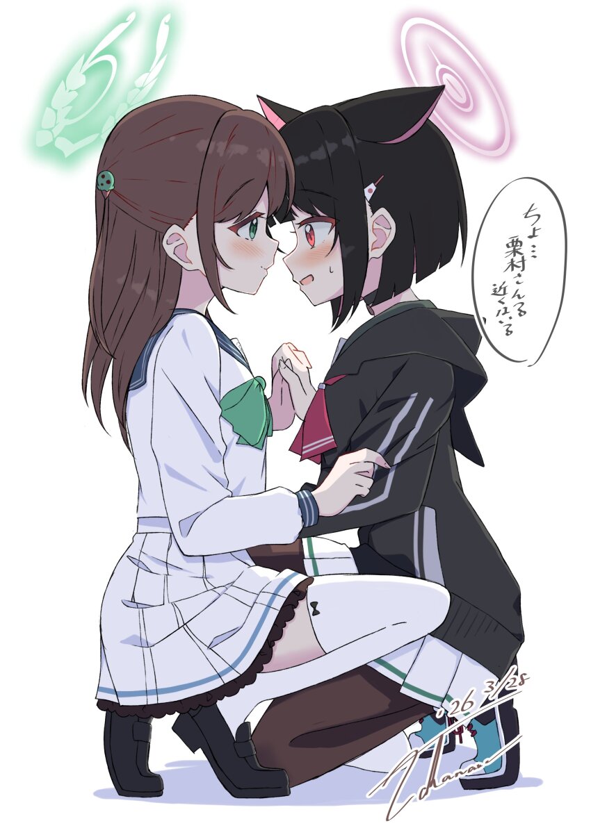 2girls, absurdres, airi_(blue_archive), black_choker, black_hair, black_pantyhose, black_shirt, black_shoes