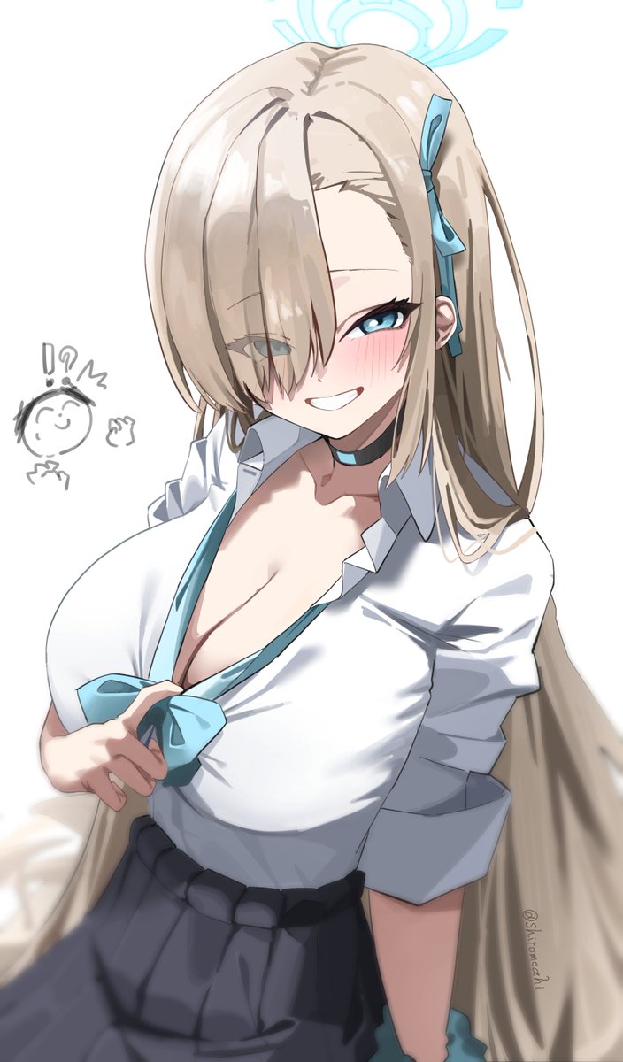 !?, 1boy, 1girl, asuna_(blue_archive), asuna_(school_uniform)_(blue_archive), black_skirt, blonde_hair, blue_archive