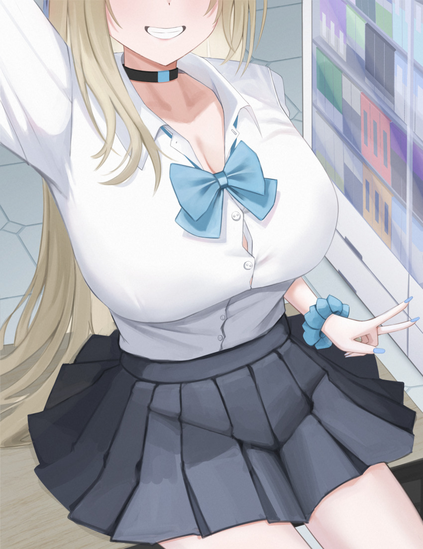 1girl, asuna_(blue_archive), asuna_(school_uniform)_(blue_archive), black_skirt, blonde_hair, blue_archive, blue_bow, blue_bowtie