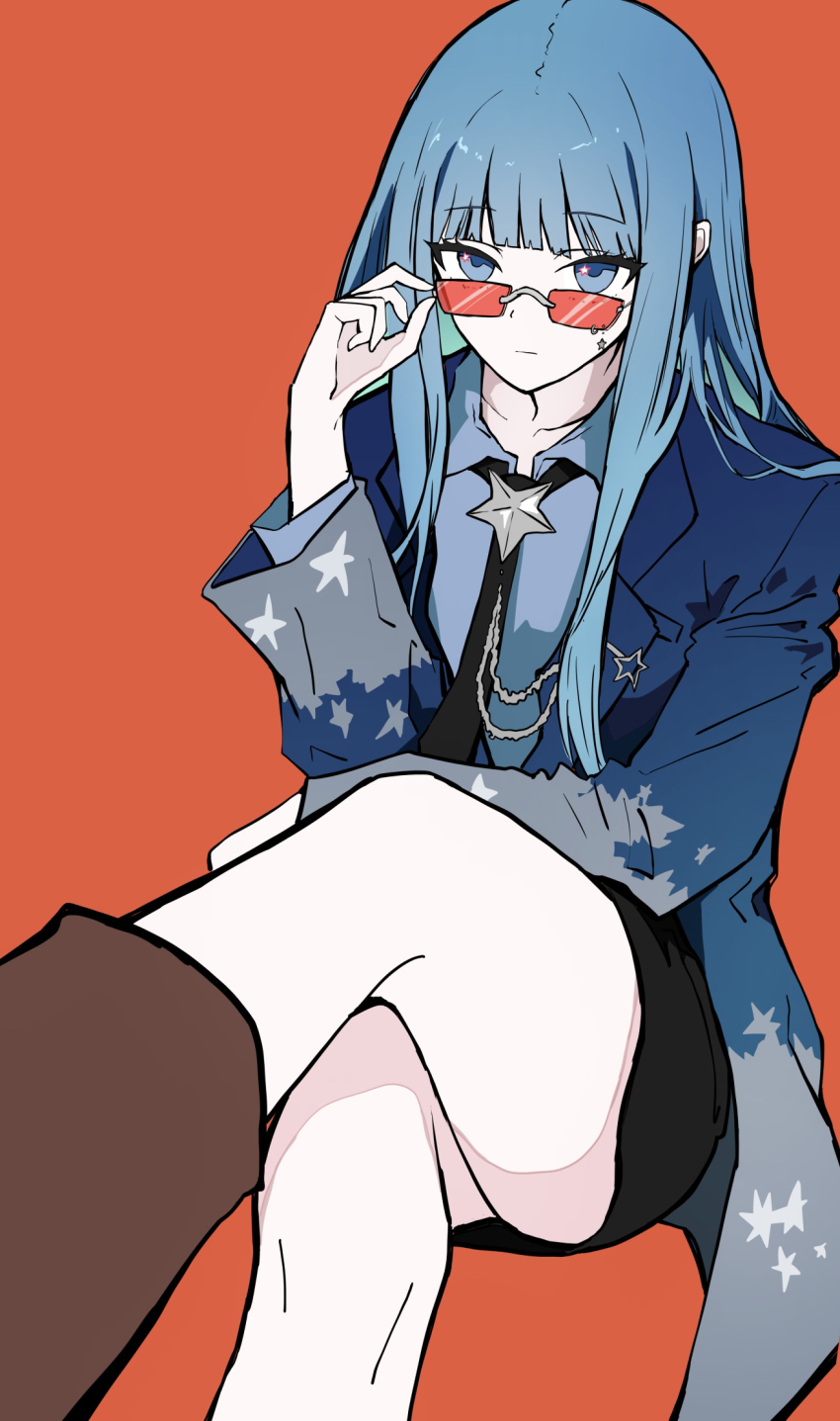1girl, black_necktie, black_skirt, blazer, blue_eyes, blue_hair, blue_jacket, blue_shirt, closed_mouth, collarbone, collared_shirt, commentary_request, highres, hololive, hoshimachi_suisei, jacket, kurony_(sirony), long_hair, looking_at_viewer, necktie, open_clothes, open_jacket, orange-framed_eyewear, orange_background, primadonna_(hoshimachi_suisei), shirt, simple_background, skirt, solo, star_(symbol), sunglasses, virtual_youtuber