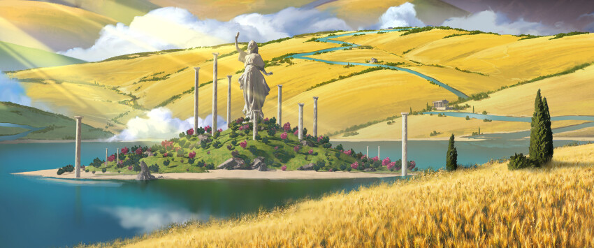 absurdres, architecture, bush, commentary, crimsonsword03, day, english_commentary, field, grass, grasslands, greco-roman_architecture, heaven, highres, hill, island, lake, landscape, light_rays, marble_(stone), marble_sculpture, no_humans, original, outdoors, painterly, pillar, rock, scenery, statue, temple, tree, water, wheat, wheat_field