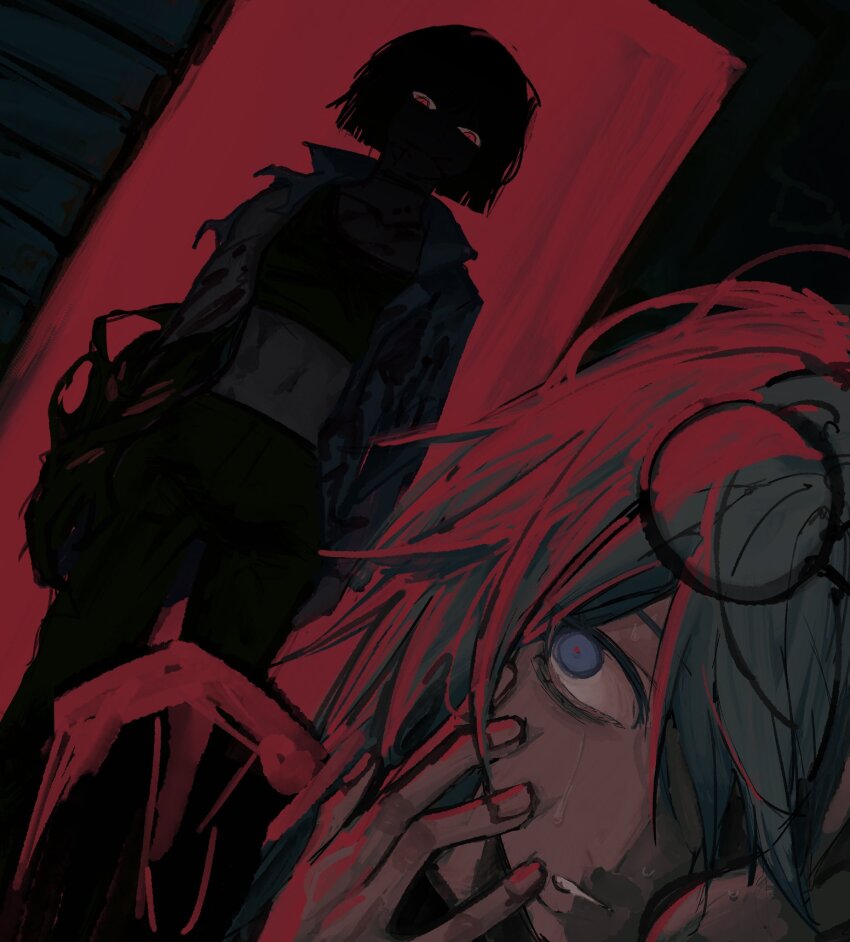 2girls, asymmetrical_arms, black_choker, blood_on_body, blue_eyes, blunt_ends, bob_cut, celine_(sy_no)