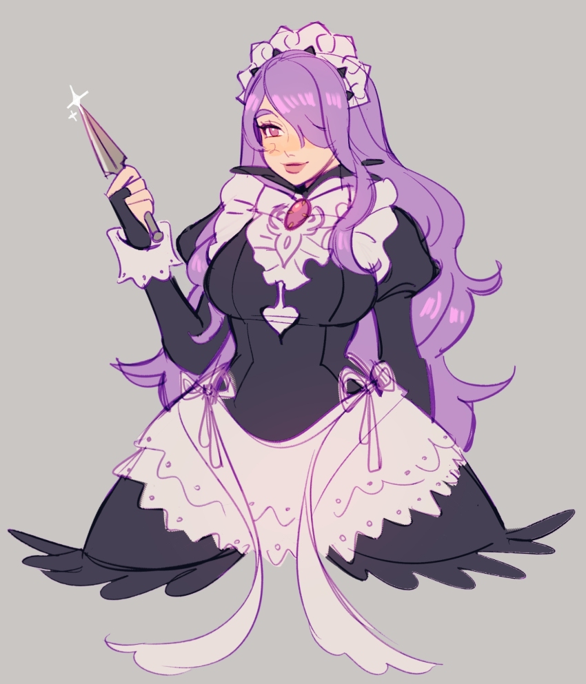 1girl, alternate_costume, apron, black_dress, camilla_(fire_emblem), dress, feather_trim, fire_emblem