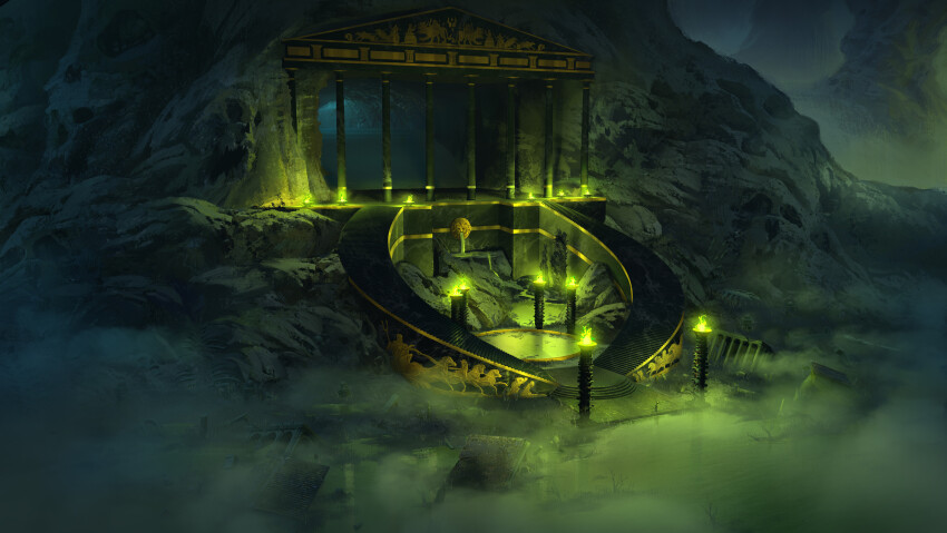 absurdres, architecture, cave_interior, commentary, crimsonsword03, english_commentary, fire, fog