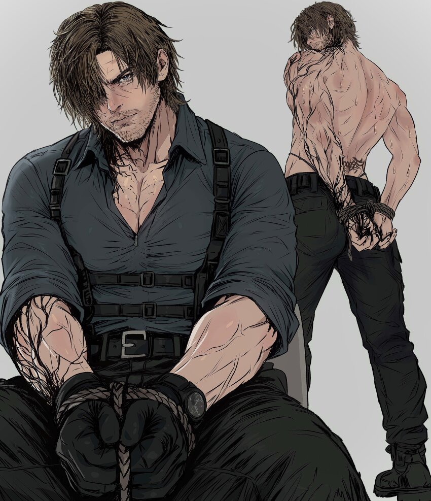 1boy, absurdres, bara, beard_stubble, belt, black_gloves, blue_shirt, bound, bound_wrists, brown_hair, chest_belt, chest_holster, collared_shirt, colored_veins, commentary, corruption, curtained_hair, english_commentary, facial_hair, full_body, gloves, hair_over_one_eye, highres, leon_s._kennedy, looking_at_viewer, male_focus, multiple_views, muscular, muscular_male, pectoral_cleavage, pectorals, resident_evil, resident_evil_requiem, rope, shirt, short_hair, stubble, topless_male, yoracrab