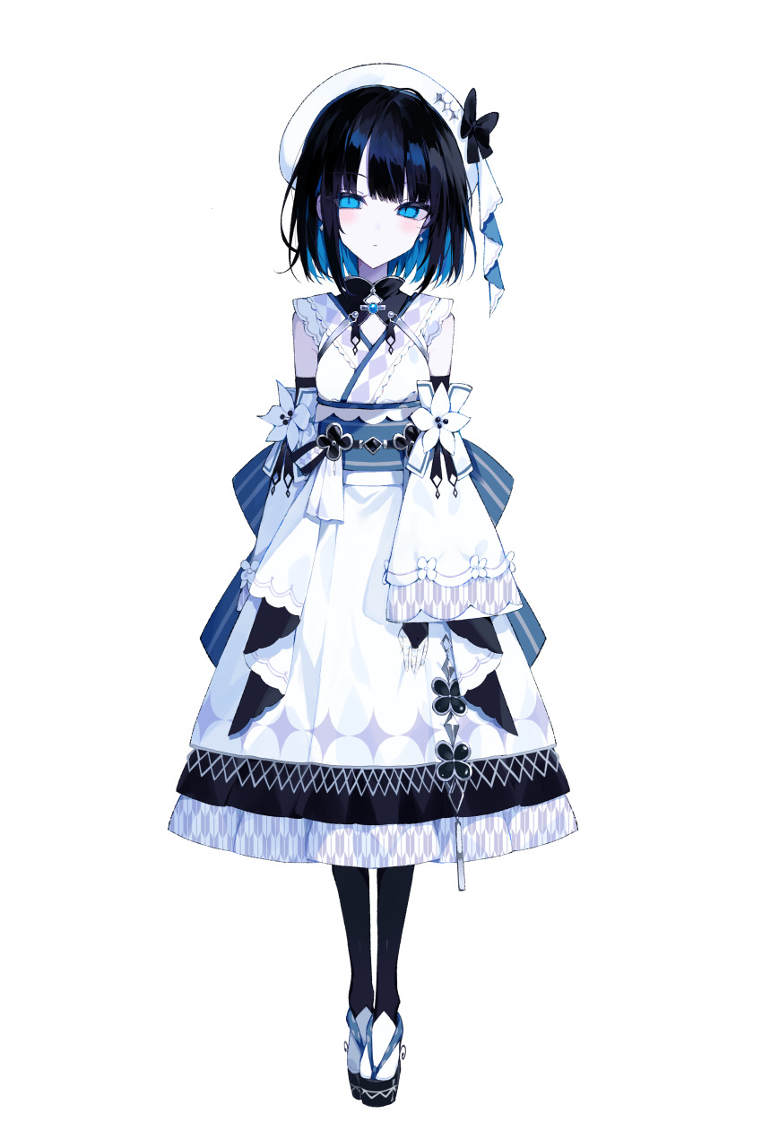 1girl, absurdres, beret, black_hair, black_pantyhose, black_ribbon, blue_eyes, bridal_gauntlets