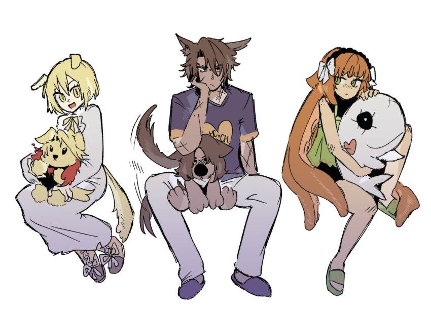 1boy, 2girls, animal_ears, blonde_hair, bow, braid, character_doll, dog_ears