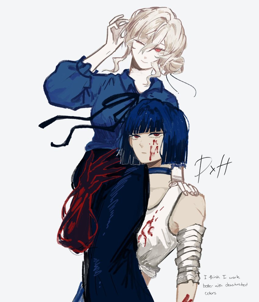 2girls, asymmetrical_arms, bandaged_arm, bandages, black_choker, black_hair, black_ribbon, black_skirt