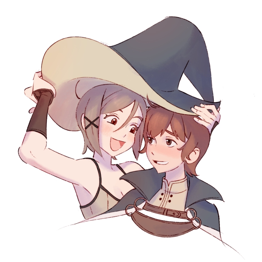 1boy, 1girl, alternate_hair_length_(shorter), alternate_hairstyle, armpits, blush, breasts, cleavage