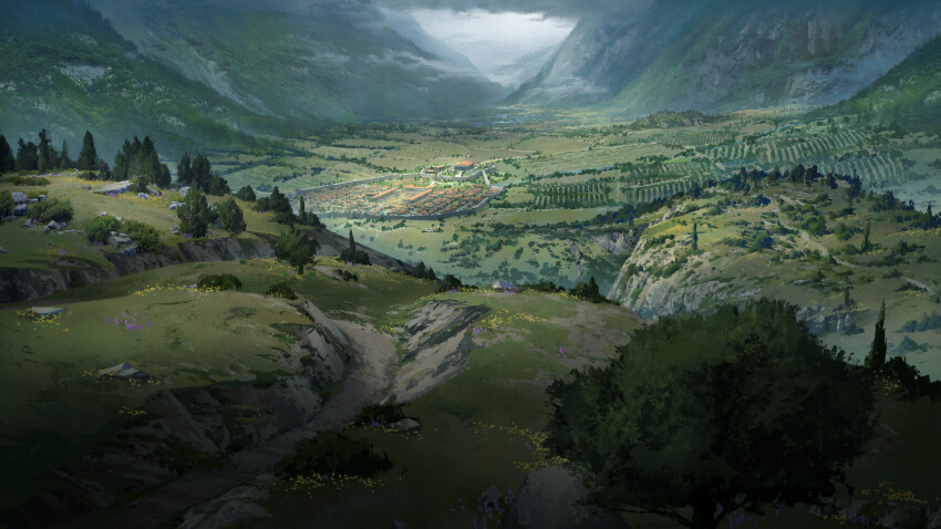 absurdres, architecture, building, bush, cliff, cloud, commentary, crimsonsword03