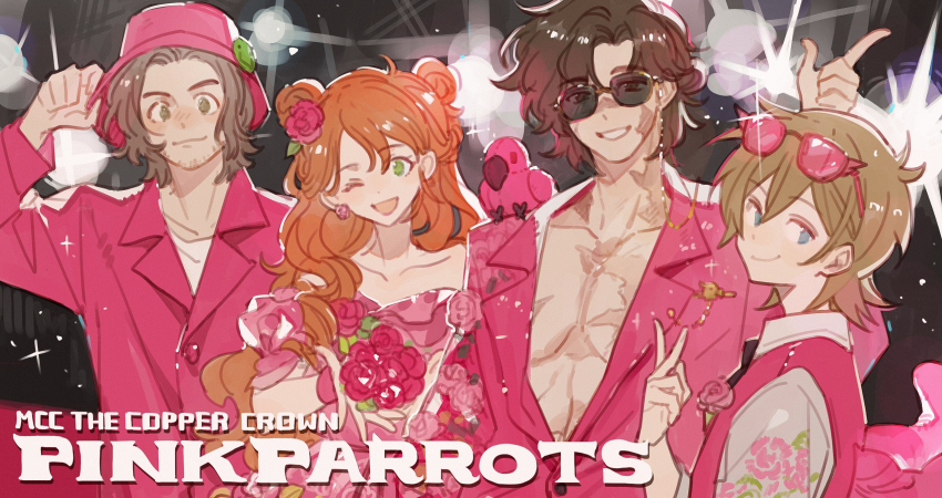 1girl, 3boys, alternate_costume, animification, antenna_hair, beard_stubble, bird, bird_wings