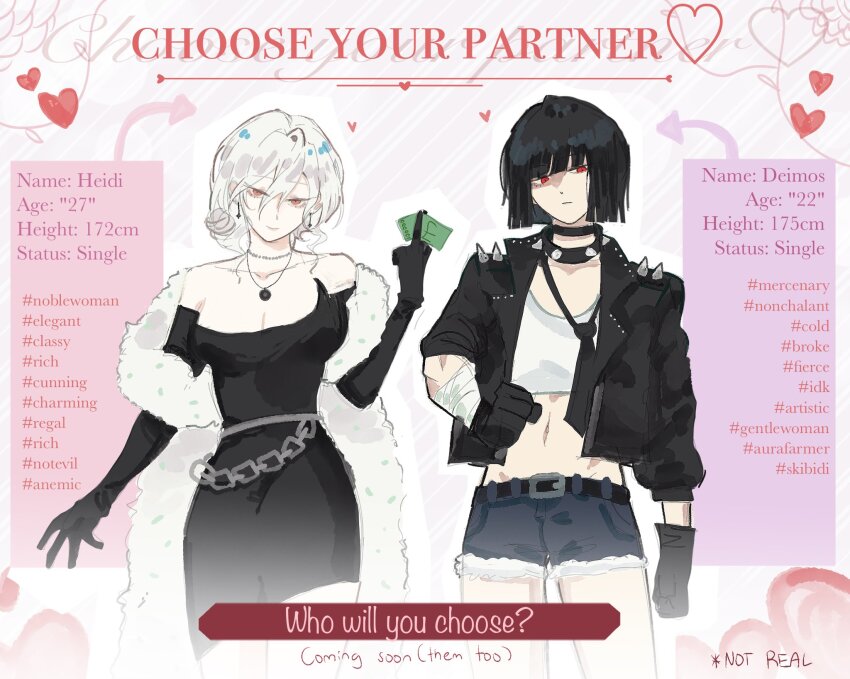 2girls, bandaged_arm, bandages, belt, black_choker, black_dress, black_gloves, black_hair, black_jacket, black_necktie, blunt_bangs, blunt_ends, bob_cut, bomber_jacket, breasts, chain_belt, character_name, character_profile, choker, coat, collar, commentary, crop_top, deimos_(sy_no), denim, denim_shorts, dress, elbow_gloves, english_commentary, english_text, expressionless, formal_clothes, fur_coat, gloves, hair_bun, hashtag, heart, heidi_(sy_no), highres, holding, holding_money, jacket, jewelry, large_breasts, leather, leather_jacket, looking_at_viewer, midriff, money, multiple_girls, navel, necklace, necktie, off_shoulder, original, pendant, punk, red_eyes, short_hair, short_shorts, shorts, shoulder_spikes, single_hair_bun, small_breasts, smile, spiked_collar, spiked_jacket, spikes, sy_no, tomboy, white_hair