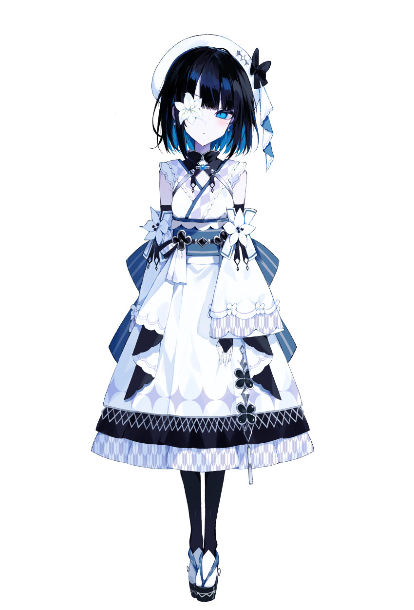 1girl, absurdres, beret, black_hair, black_pantyhose, black_ribbon, blue_eyes, bridal_gauntlets, colored_inner_hair, earrings, expressionless, flower, flower_over_eye, full_body, hat, highres, japanese_clothes, jewelry, kimono, mahou_shoujo_no_inshuu_mura, mikage_rizu, multicolored_hair, obi, official_art, one_eye_covered, pantyhose, ribbon, sandals, sash, second-party_source, short_hair, socks, solo, tachi-e, umemaro_(siona0908), white_flower, white_hat, white_kimono, white_socks