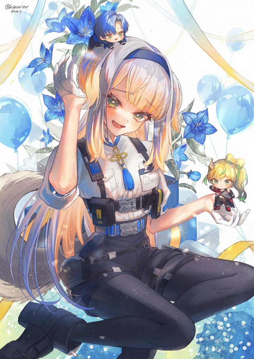 1boy, 2girls, :d, absurdres, animal_ears, artist_name, balloon, belt