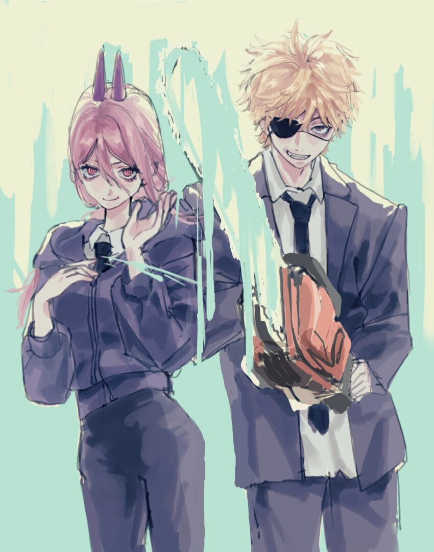 1boy, 1girl, black_jacket, black_necktie, black_pants, blonde_hair, breasts, brown_eyes, chainsaw, chainsaw_man, closed_mouth, collared_shirt, commentary_request, cowboy_shot, demon_girl, denji_(chainsaw_man), eyepatch, grin, hair_between_eyes, hand_on_own_chest, highres, holding, holding_chainsaw, hood, hooded_jacket, horns, hpfujawrmc8397, jacket, low_t, medium_breasts, necktie, orange_eyes, orange_hair, pants, parted_lips, power_(chainsaw_man), red_horns, shirt, smile, suit_jacket, teeth, white_shirt