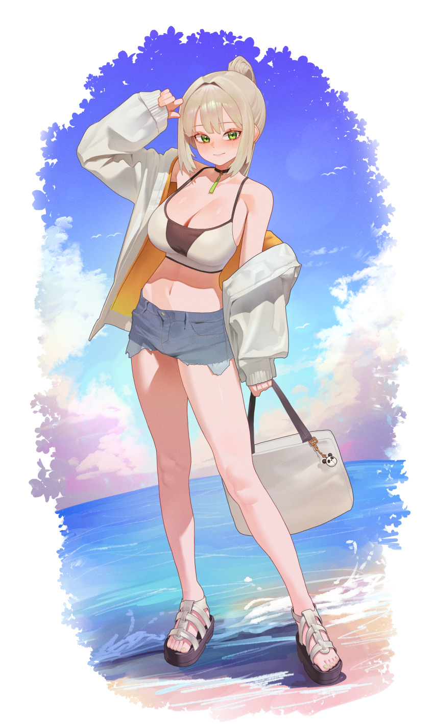1girl, absurdres, arm_up, bag, bag_charm, bare_shoulders, beach, bilingual_commentary