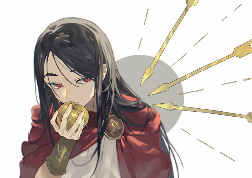 1boy, apple, arrow_(symbol), black_hair, cape, chinese_commentary, commentary, commentary_request