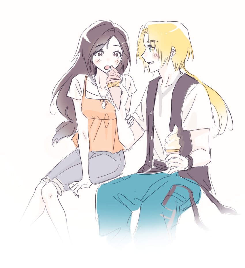 1boy, 1girl, alternate_costume, black_hair, black_vest, blonde_hair, blue_pants, blush, commentary_request, contemporary, dissidia_duellum_final_fantasy, dissidia_final_fantasy, feet_out_of_frame, final_fantasy, final_fantasy_ix, garnet_til_alexandros_xvii, grey_pants, hetero, highres, holding, holding_another's_arm, holding_ice_cream_cone, ice_cream_cone, korean_commentary, lilykim_ffxiv, long_hair, low-tied_long_hair, low_ponytail, official_alternate_costume, open_mouth, orange_shirt, pants, parted_bangs, parted_lips, ponytail, shirt, shirt_under_shirt, sitting, smile, vest, white_background, white_shirt, zidane_tribal, zidane_tribal_(vacationing_thief)