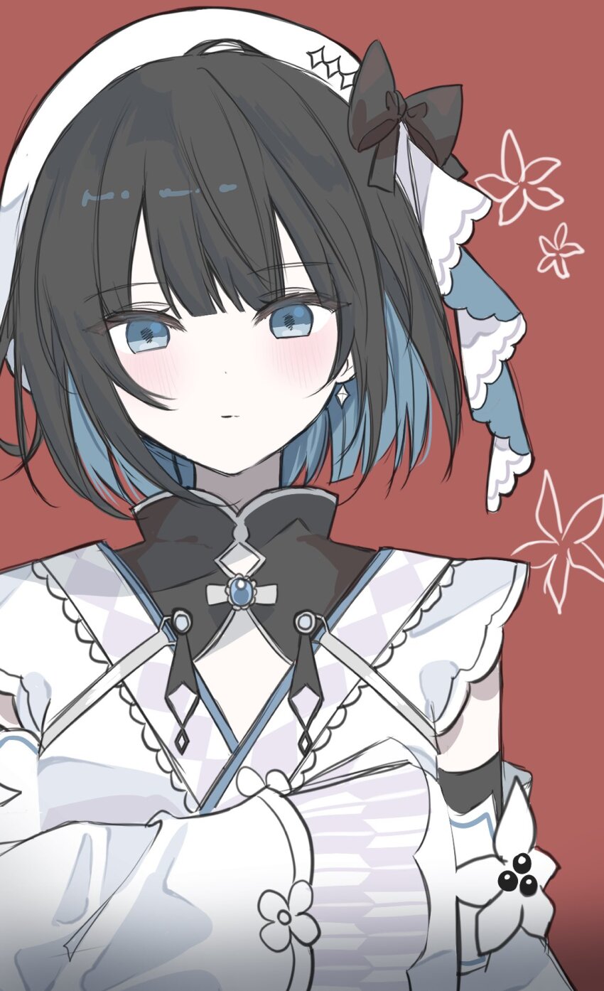 1girl, beret, black_bow, black_bowtie, blue_eyes, bow, bowtie, closed_mouth