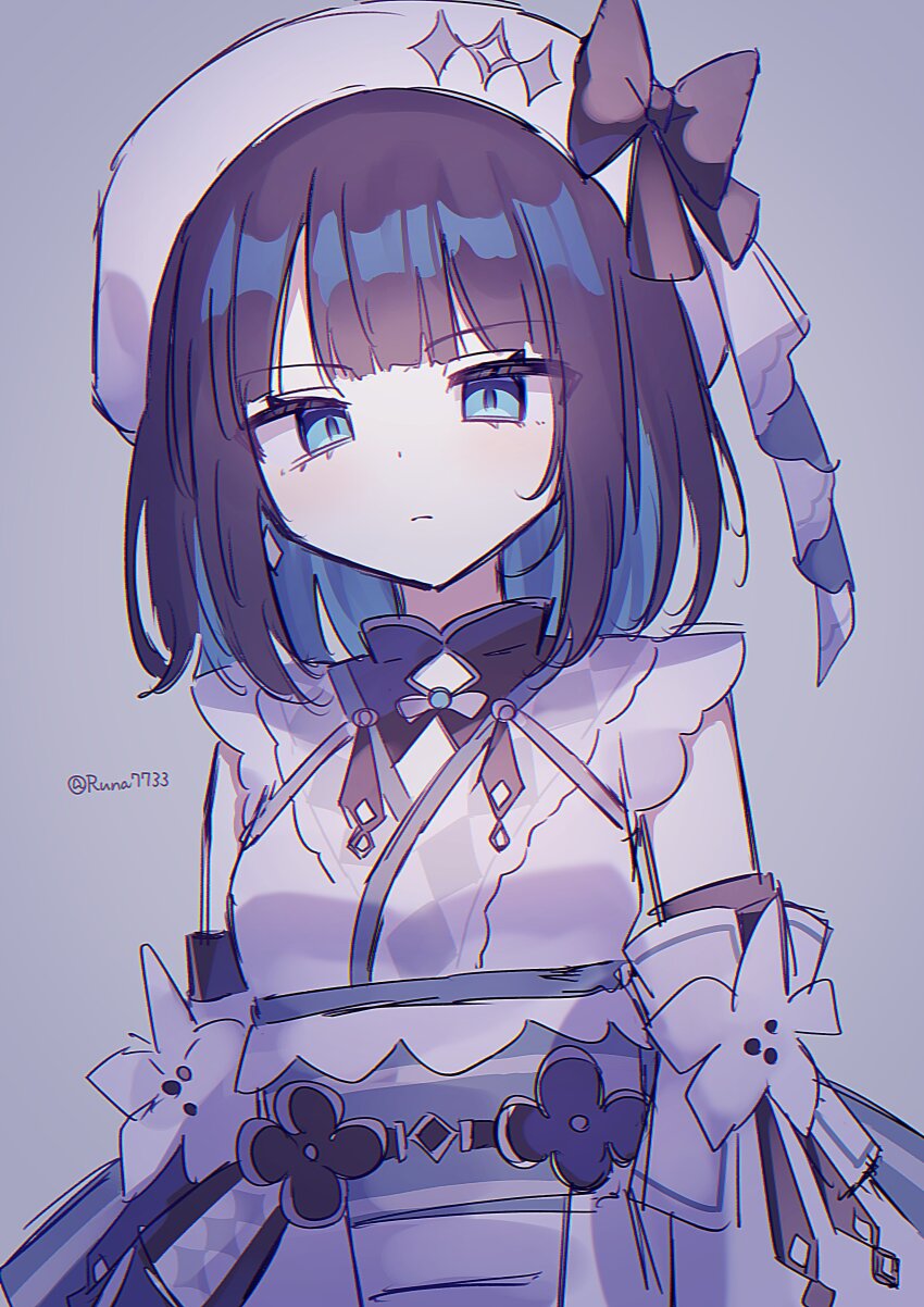 1girl, absurdres, beret, black_bow, black_bowtie, blue_eyes, bow, bowtie, closed_mouth, commentary_request, detached_sleeves, hat, highres, hime_cut, japanese_clothes, looking_at_viewer, magical_girl, mahou_shoujo_no_inshuu_mura, mikage_rizu, multicolored_hair, obi, runa_(runa7733), sash, short_hair