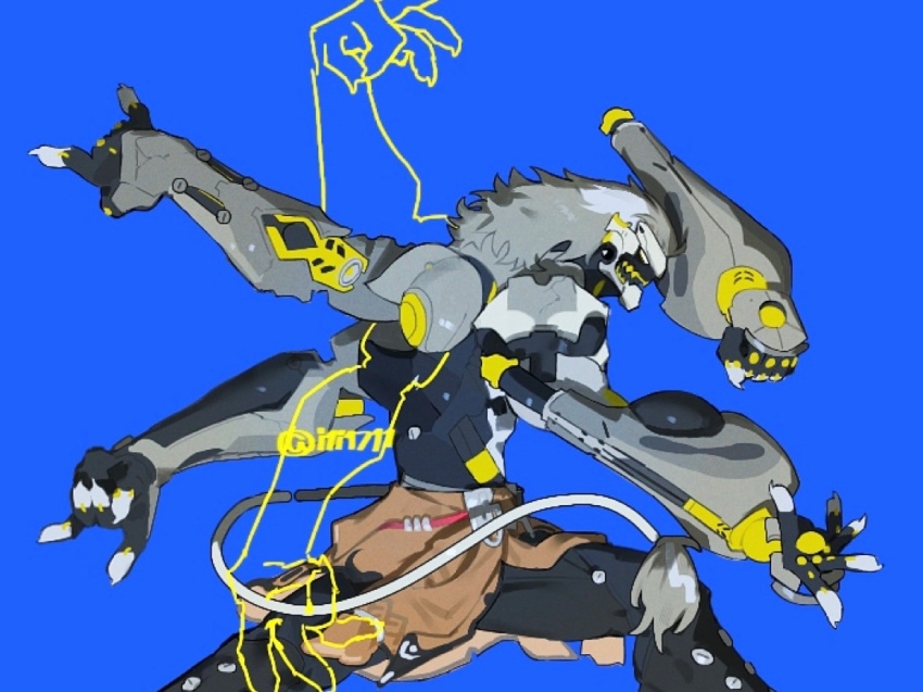 1boy, banyue_(zenless_zone_zero), blue_background, clothed_robot, clothes_around_waist, commentary, grey_hair, grey_tail