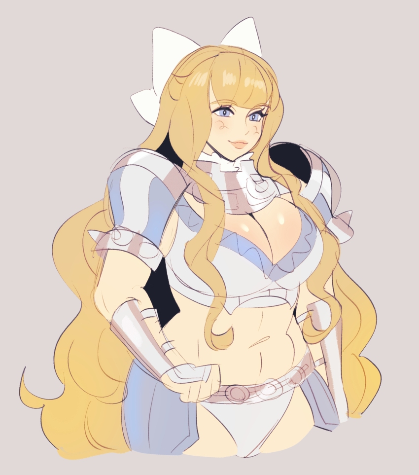 1girl, arm_guards, armor, bikini_armor, blonde_hair, blue_eyes, bow, breasts, charlotte_(fire_emblem), cleavage, fire_emblem, fire_emblem_fates, grey_background, hair_bow, highres, huge_breasts, long_hair, navel, nintendo, panties, shoulder_armor, shy-shortcake, smile, solo, stomach, thighs, underwear, very_long_hair, wavy_hair, white_bow, white_panties