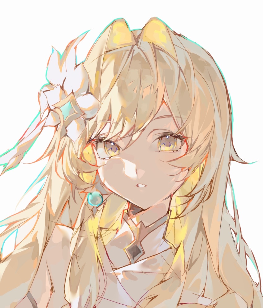 1girl, alternate_hair_length_(longer), alternate_hairstyle, bare_shoulders, blonde_hair, curtained_hair, dress, earrings