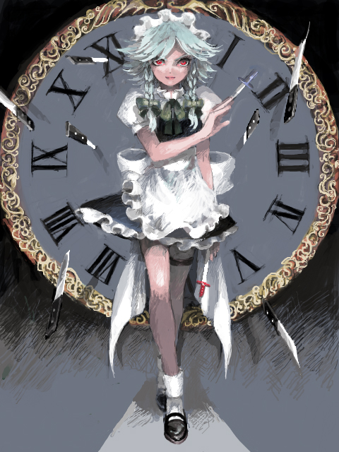 1girl, bad_id, bad_pixiv_id, between_fingers, braid, clock, crossed_legs, embodiment_of_scarlet_devil