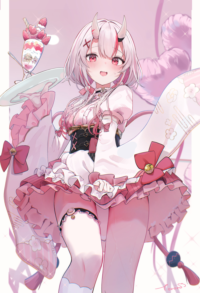 1girl, absurdres, balloon, blush, bob_cut, commentary_request, hair_ornament, heart_balloon, highres, hololive, horns, japanese_clothes, kimono, long_hair, long_sleeves, looking_at_viewer, multicolored_hair, nakiri_ayame, nakiri_ayame_(10th_costume), official_alternate_costume, oni, red_eyes, red_hair, red_streaks, short_hair, skin-covered_horns, smile, solo, streaked_hair, thighhighs, torono_4649, virtual_youtuber, white_hair, wide_sleeves