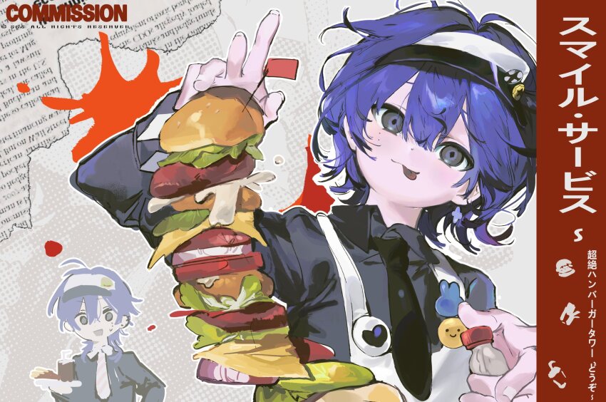 2boys, black_eyes, black_necktie, black_shirt, burger, commentary, food, food_stack