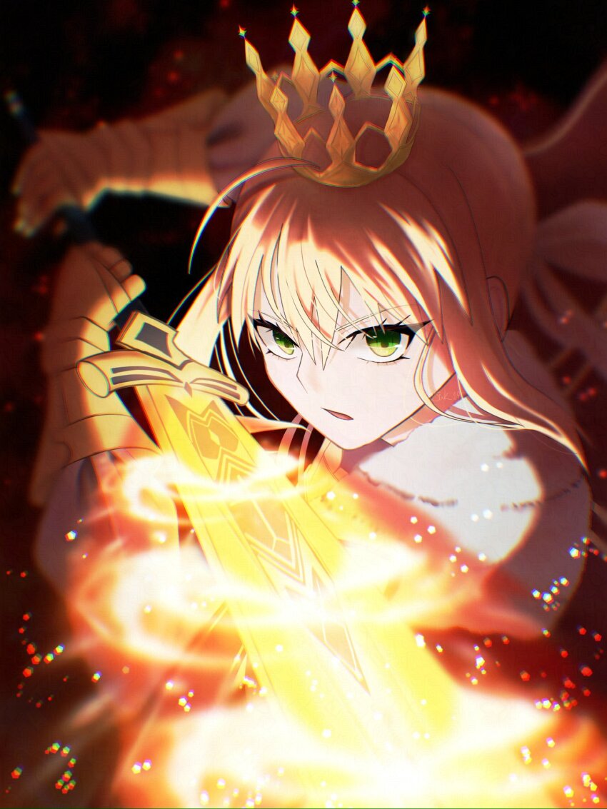 1girl, armor, artoria_pendragon_(fate), black_background, blonde_hair, cape, chromatic_aberration, commentary_request, crown, excalibur_(fate/stay_night), fate/grand_order, fate_(series), fire, floating_cape, floating_hair, from_side, fur-trimmed_cape, fur_trim, gauntlets, gold_armor, green_eyes, hair_between_eyes, hands_up, highres, holding, holding_sword, holding_weapon, long_hair, looking_at_viewer, lord_logres_(fate), low_ponytail, open_mouth, pointed_crown, ponytail, red_cape, saber_(fate), sidelocks, simple_background, solo, suk_195, sword, upper_body, v-shaped_eyebrows, weapon
