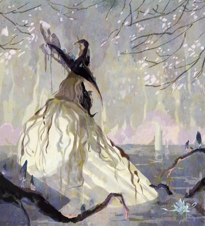 1girl, absurdly_long_hair, blonde_hair, commentary_request, dark_witch_eleine, dress, ender_lilies_quietus_of_the_knights, facing_away