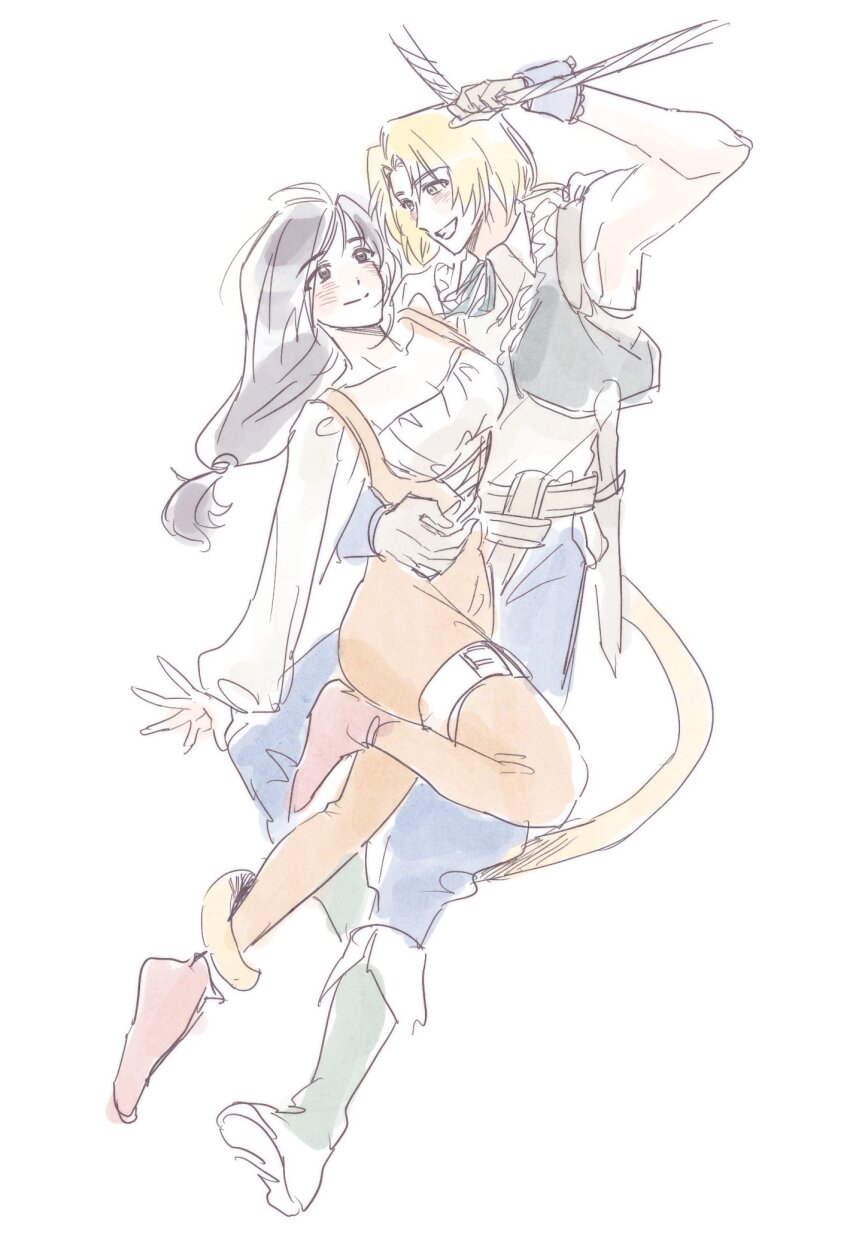 1boy, 1girl, arm_around_another's_waist, black_hair, blonde_hair, blue_pants, blue_wrist_cuffs, blush