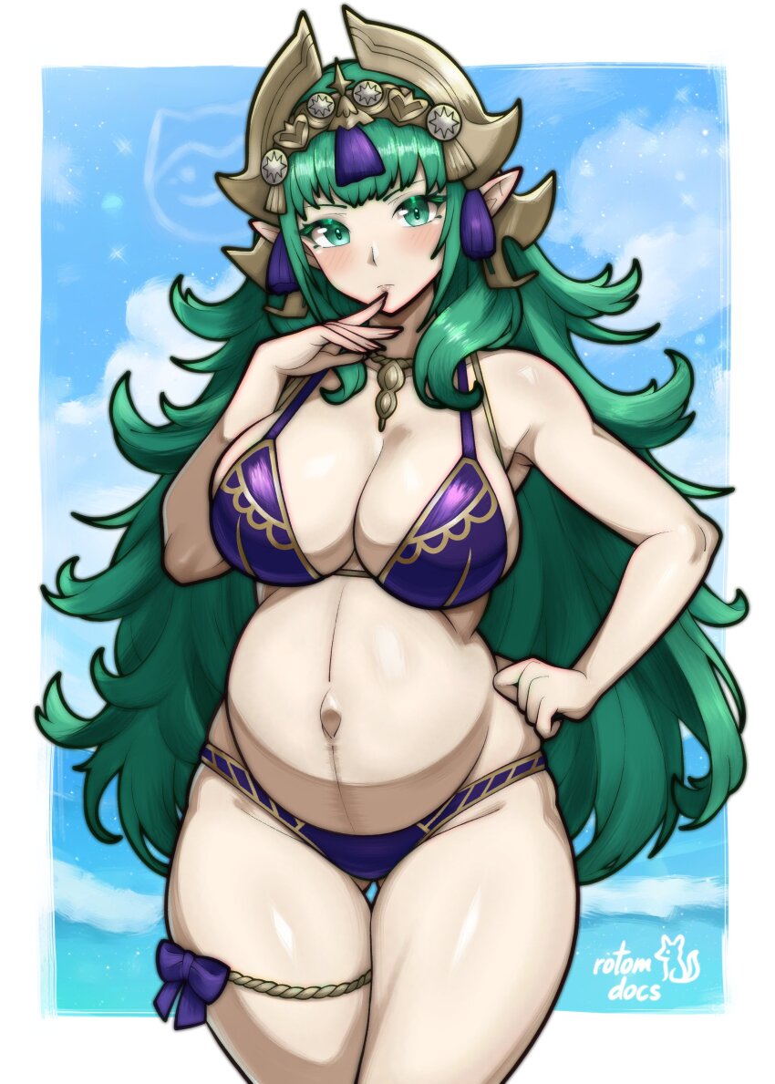 1girl, absurdres, alternate_costume, armpits, artist_name, bare_arms, bare_shoulders, bikini