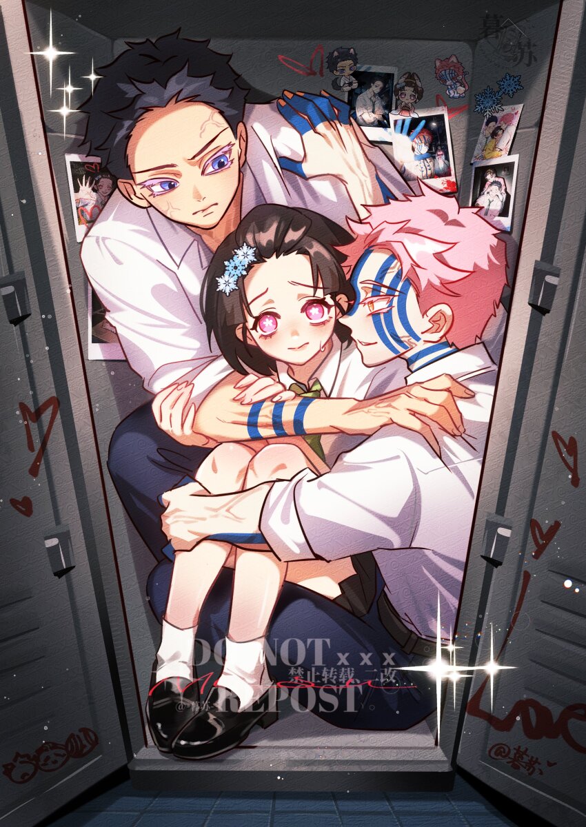 1girl, 2boys, absurdres, akaza_(kimetsu_no_yaiba), black_hair, black_pants, black_shoes, blue_eyes