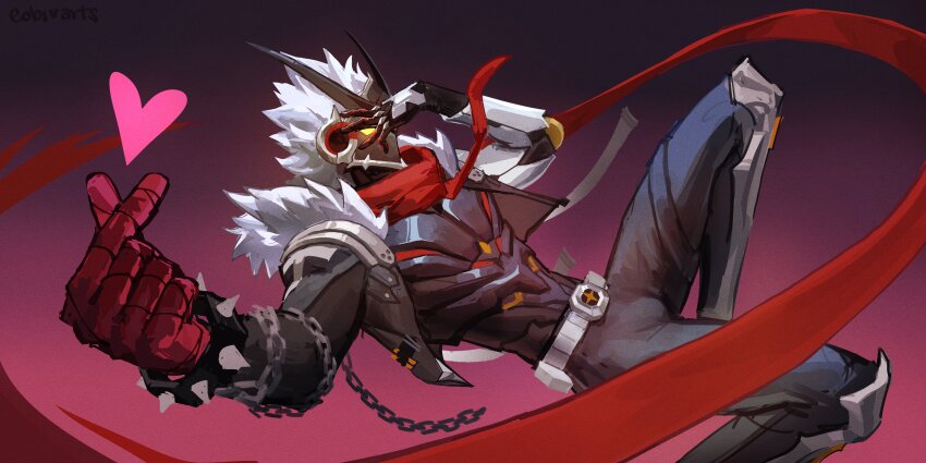 1boy, absurdres, arm_mounted_weapon, asymmetrical_sleeves, belt, billy_kid, billy_kid_(starlight), black_jacket, black_pants, bracelet, chain, chain_around_arm, clothed_robot, commentary, cropped_jacket, english_commentary, eobiarts, finger_heart, floating_scarf, fur-trimmed_jacket, fur_trim, heart, highres, horns, humanoid_robot, jacket, jewelry, male_focus, pants, red_scarf, robot, robot_boy, scarf, solo, spiked_bracelet, spiked_hair, spikes, uneven_sleeves, white_hair, yellow_eyes, zenless_zone_zero