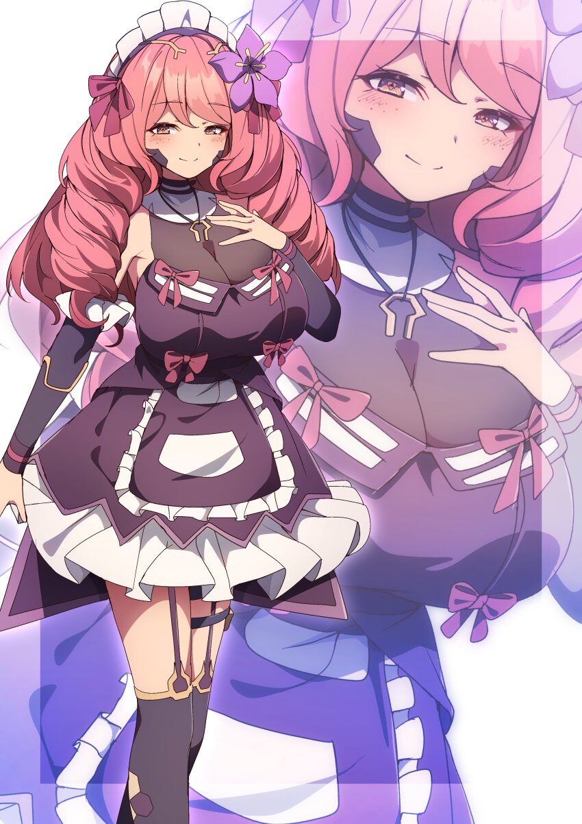 1girl, absurdres, black_sleeves, black_thighhighs, bow, breasts, brown_eyes, closed_mouth