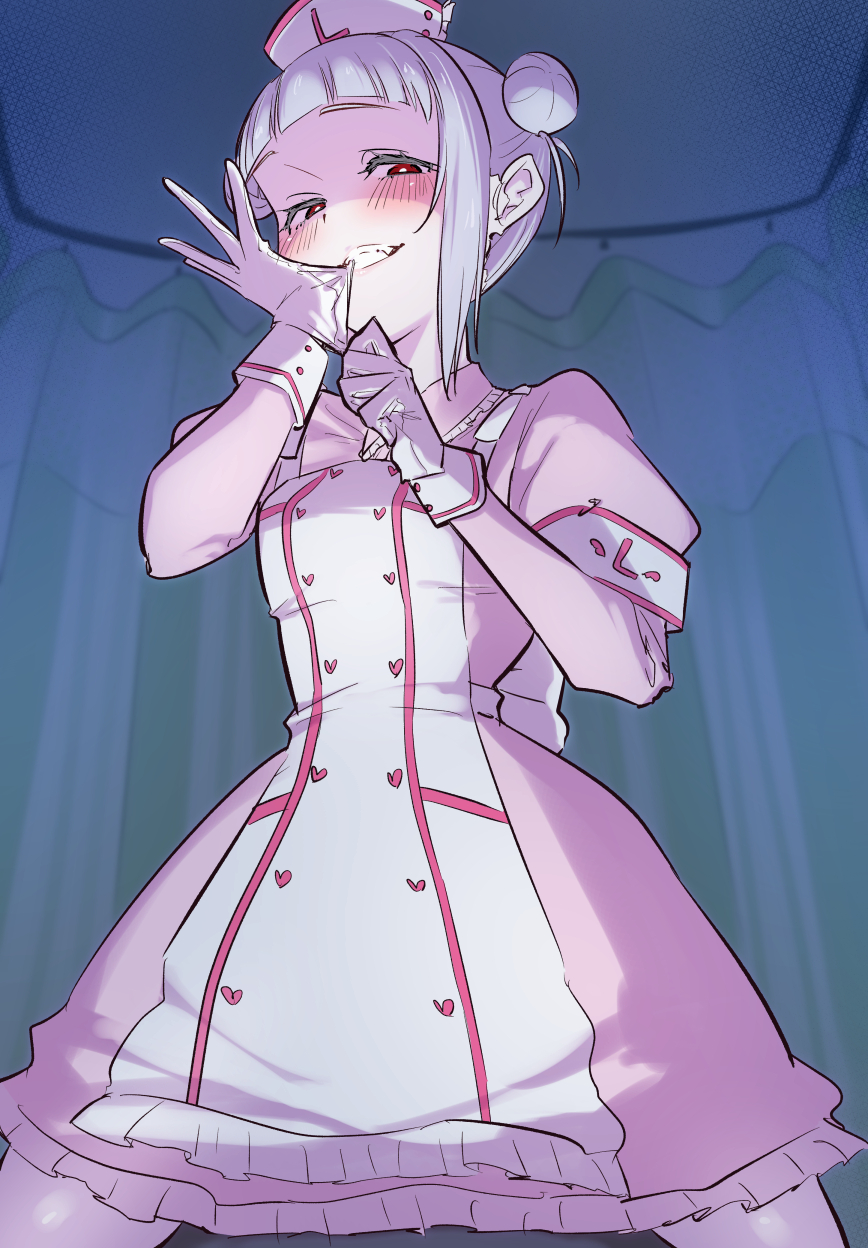 1girl, apron, arashi_chisato, armband, biting, biting_glove, blush, commentary_request