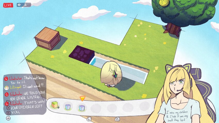 1girl, andrich_galam, blonde_hair, blue_sky, chair, chat_log, clothes_writing, cloud, cobblestone_generator, commentary, diagonal_bangs, english_commentary, english_text, gameplay_mechanics, gaming_chair, green_eyes, hair_over_one_eye, heads-up_display, highres, livestream, long_hair, lusamine_(pokemon), mature_female, minecraft, nintendo, o3o, outdoors, pokemon, pokemon_pokopia, pokemon_sun_and_moon, sitting, sky, swivel_chair, tree, user_interface, very_long_hair